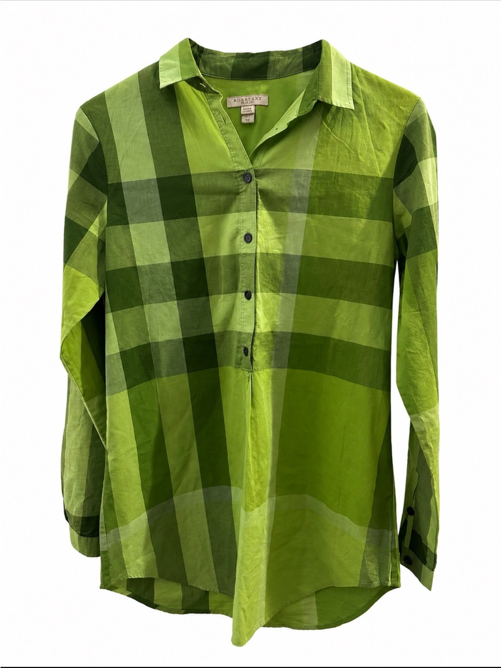 Burberry Brit Green Plaid Popover Blouse Cotton Womens XS
